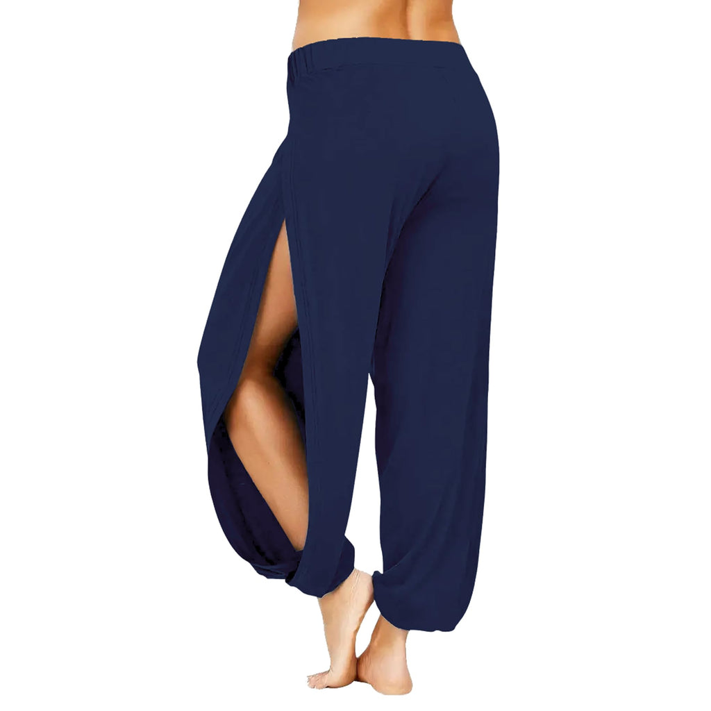 Topjini Double High Slit Leg Pant for Women Solid Harem Pants Flowy Yoga Pants for Women Pilates Worout Beach Cover-Up Pants Navy