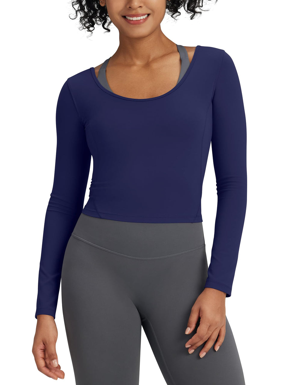 G4Free Long Sleeve Workout Tops for Women Athletic Cropped Tight Shirts Pilates Yoga Basic Layer Scoop Neck Undershirt Stretchy (NavyXL)