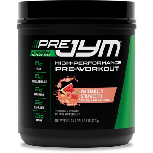 Pre JYM Stim Free Watermelon Strawberry Pre-Workout Powder Creatine No Caffeine Citrulline Betaine BCAAs Taurine Alpha-GPC Huperzine 30 Servings